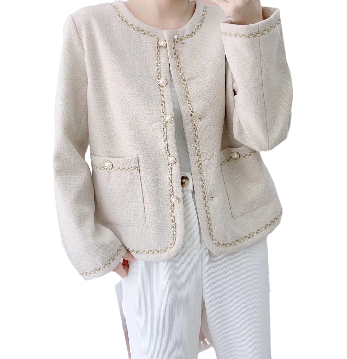 Dame elegant Boucle-jakke med perleknapdetaljer og praktiske lommer Stilla