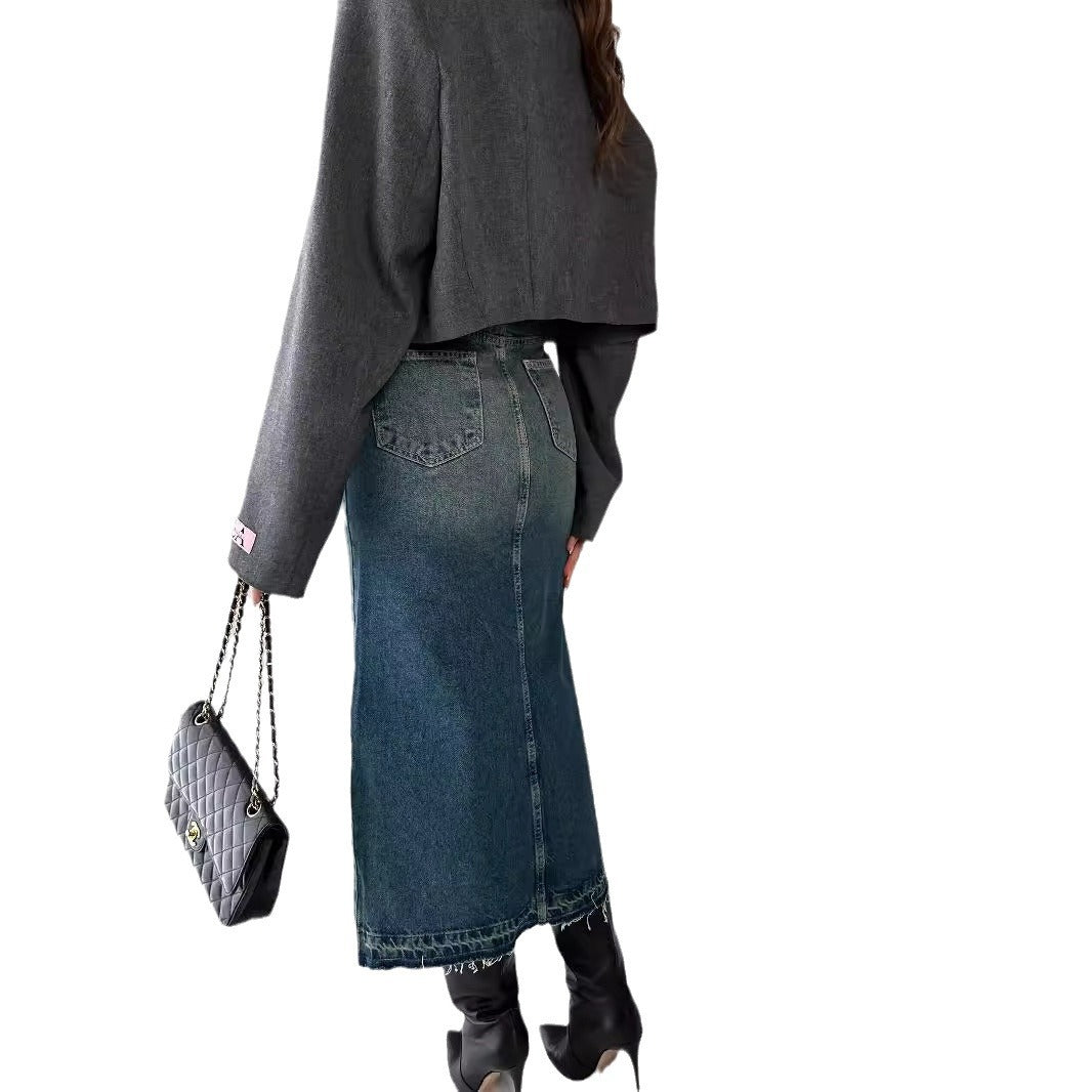 Dame Denim-midi nederdel med høj split og frynset akcenter Stilla