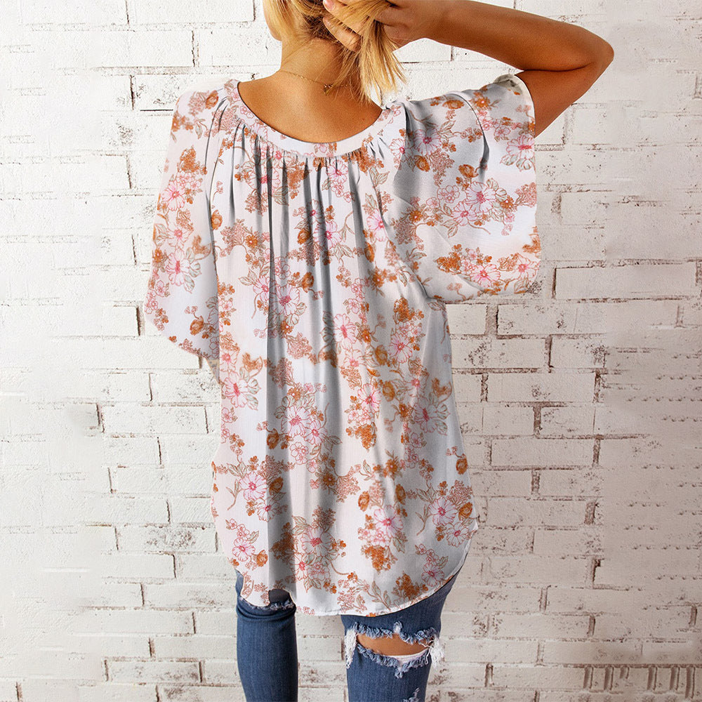 Stilla | Afslappet Floral Print V-hals Kort Ærme Overstørrelse Top Bluse