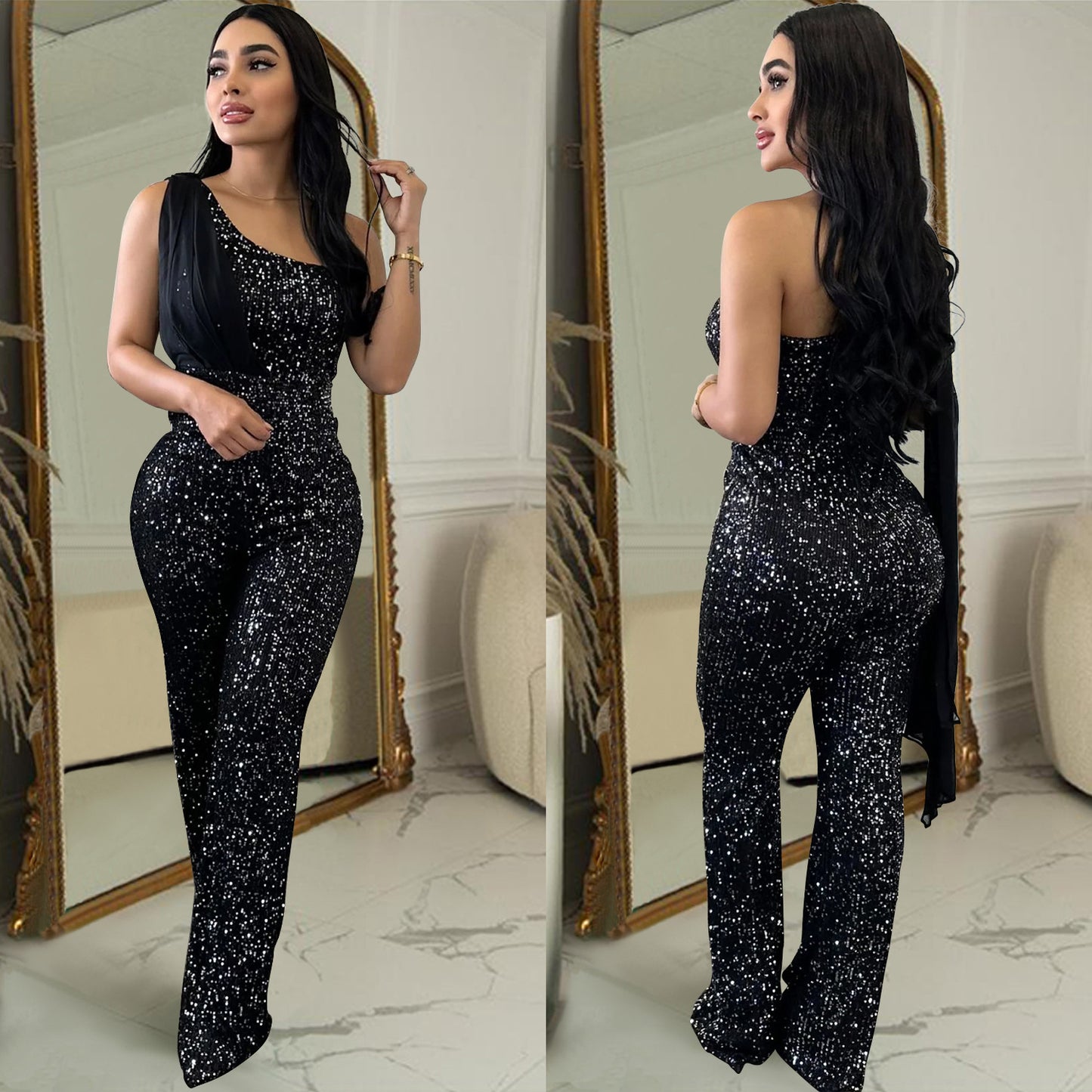 Dame Elegant Paillet-Jumpsuit med asymmetrisk udskæring og figursyet pasform Stilla