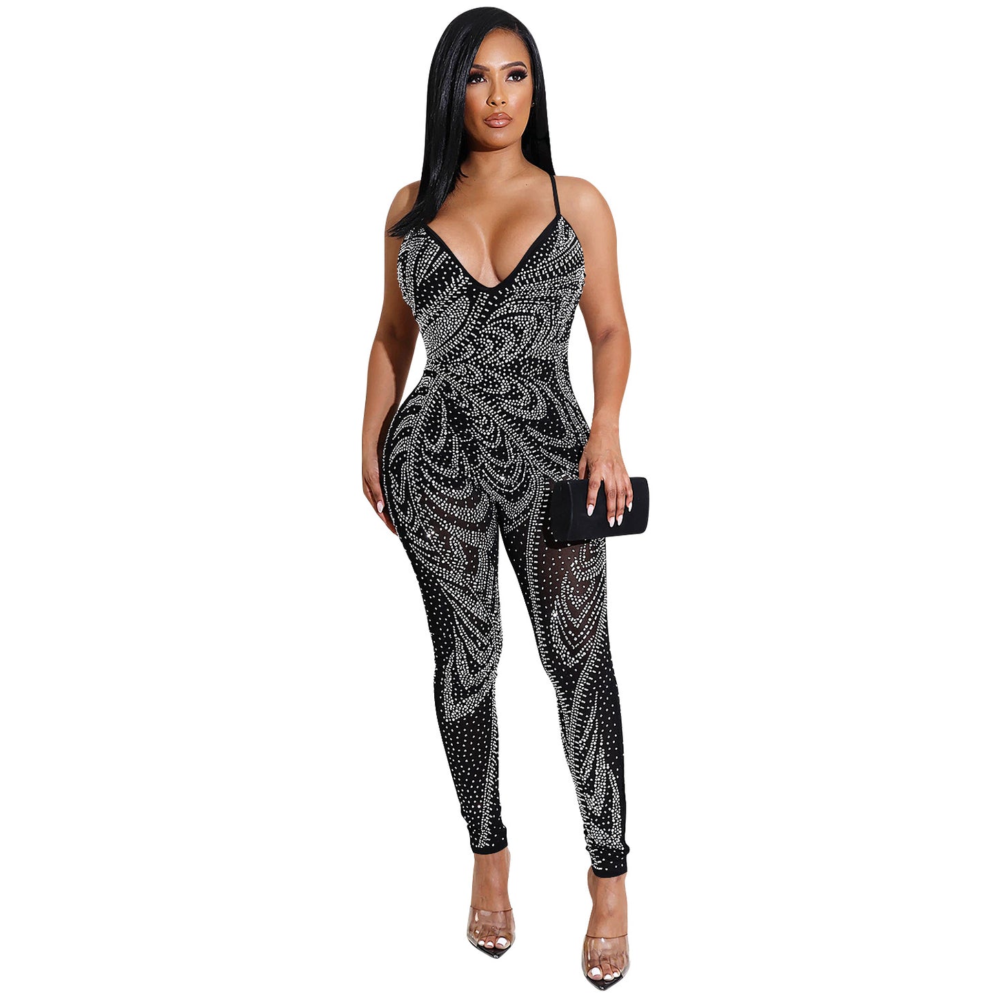 Dame Funklende Jumpsuit med gennemsigtigt design og luksuriøse rhinestones dekorationer Stilla