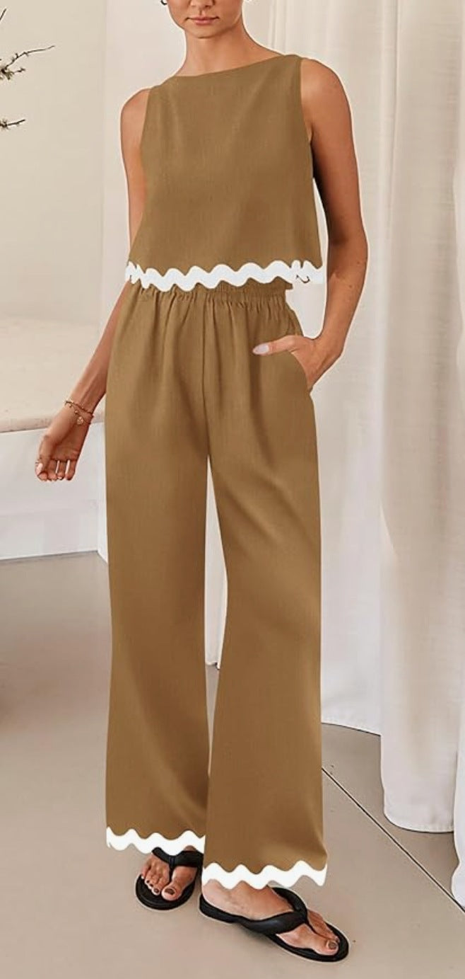 Dame trendy jumpsuit med bred ben og dekorativ bølgekant Stilla