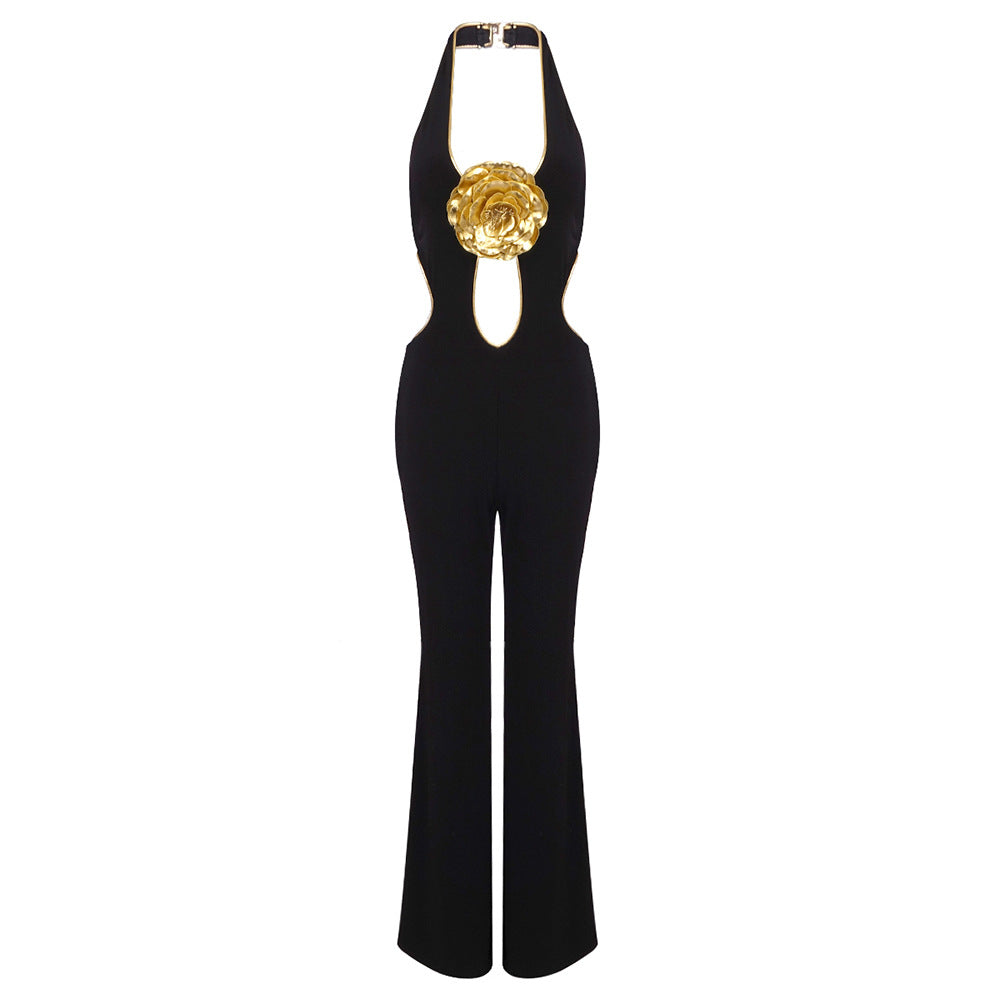 Dame glamorøs Jumpsuit med dyb udskæring og gyldne detaljer Stilla