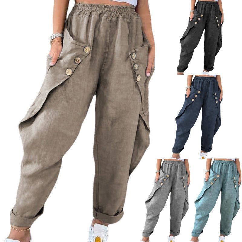 Dame Casual Cargo Bukser med Knapdetaljer og Bred Snit Stilla
