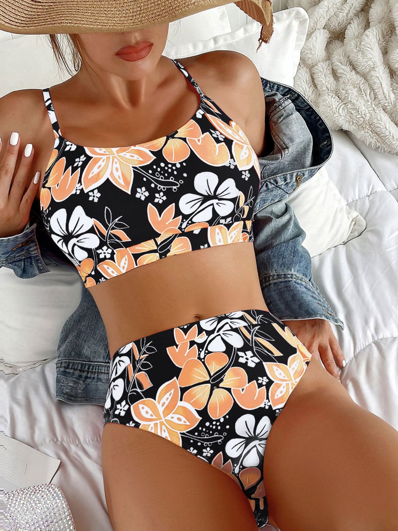 Dame Højtaljet Bikini-Sæt med blomster mønstre og sporty top Stilla
