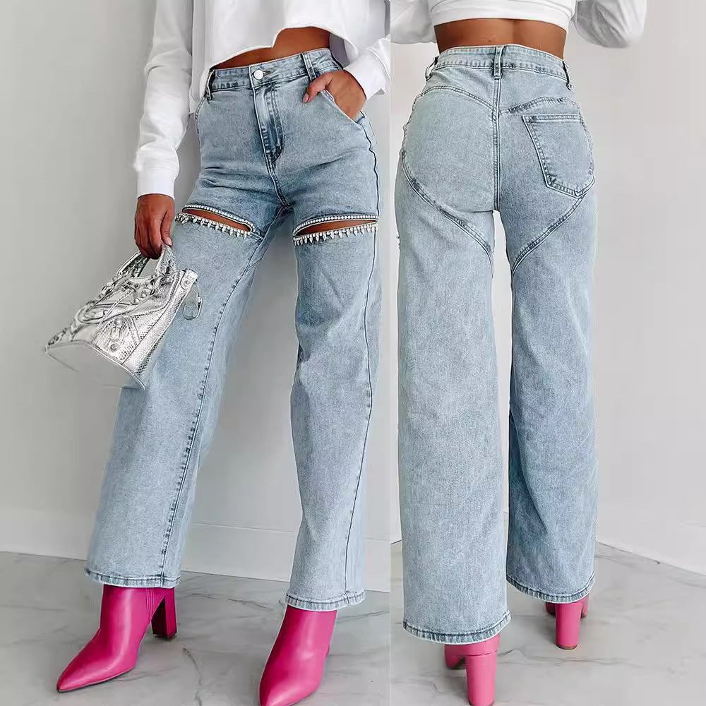 Damejeans i vintage-stil med åbne knæ og glimmerdetaljer Stilla