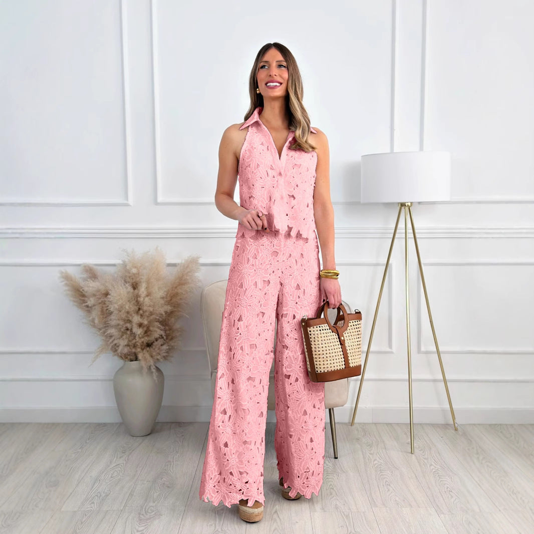 Dame Elegant Jumpsuit med spidsdetaljer og bredt ben Stilla