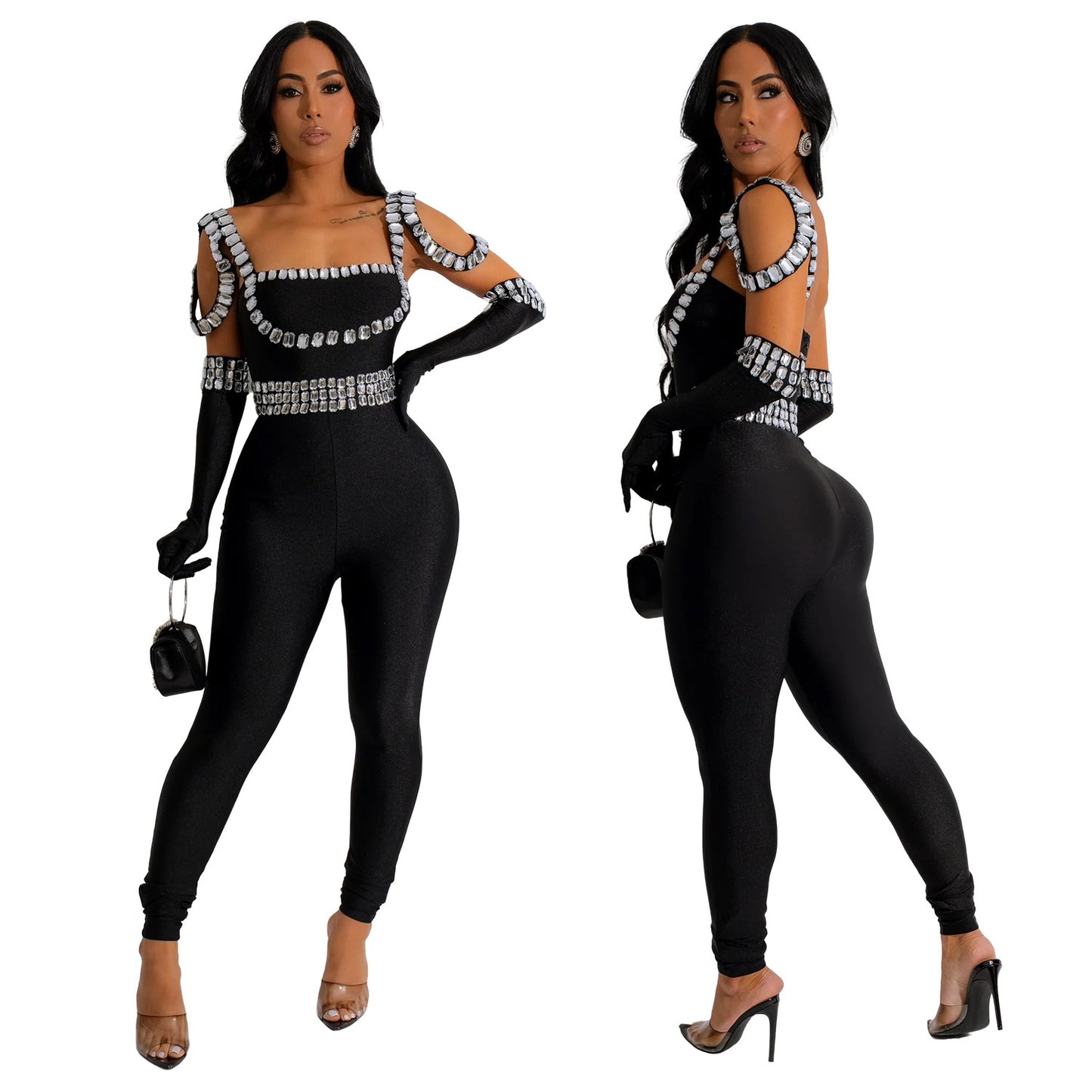 Dame Glamourøs Figurbetonet Jumpsuit med Strassdekorationer Stilla