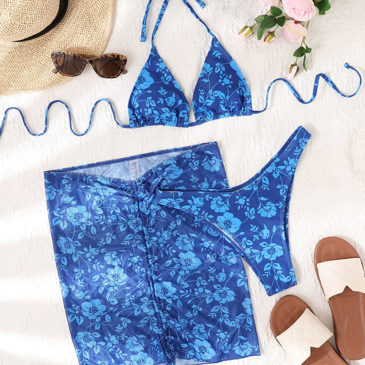 Dame Triangel-Bikini med justerbar nederdel og blomsterdesign Stilla