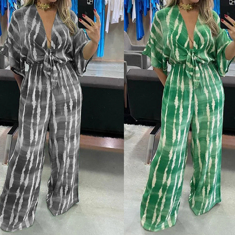 Dame jumpsuit med knyttet talje og bred ben Stilla