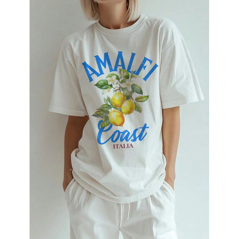 Dame T-shirt med stilfuldt citronmotiv og Amalfi Coast tekst Stilla