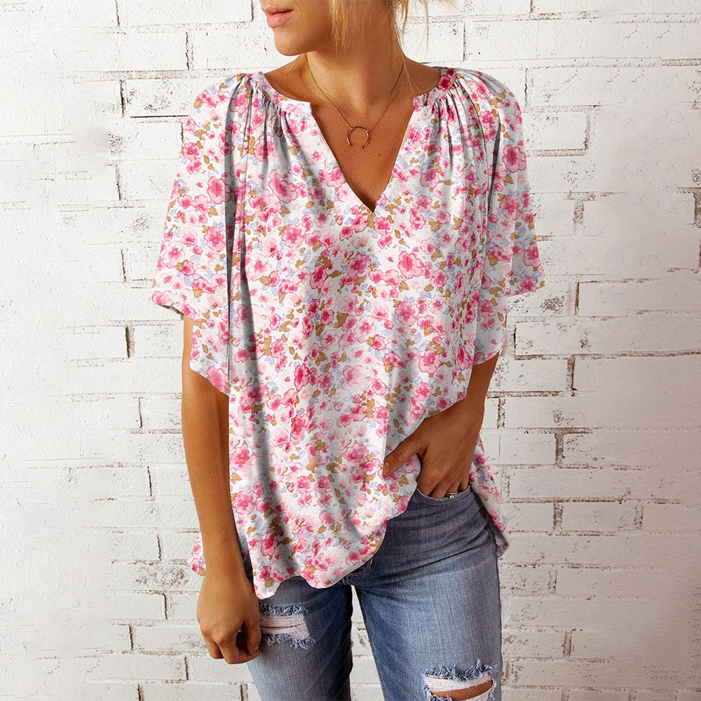 Stilla | Afslappet Floral Print V-hals Kort Ærme Overstørrelse Top Bluse