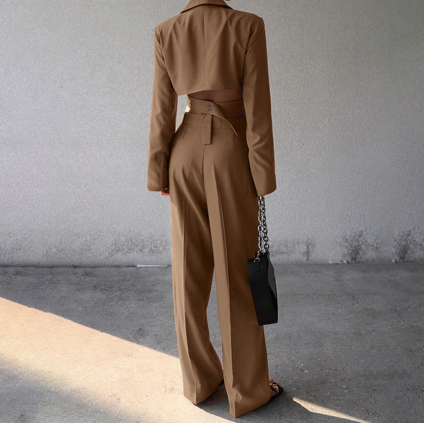 Dame elegant cropped blazer og brede bukser sæt Stilla
