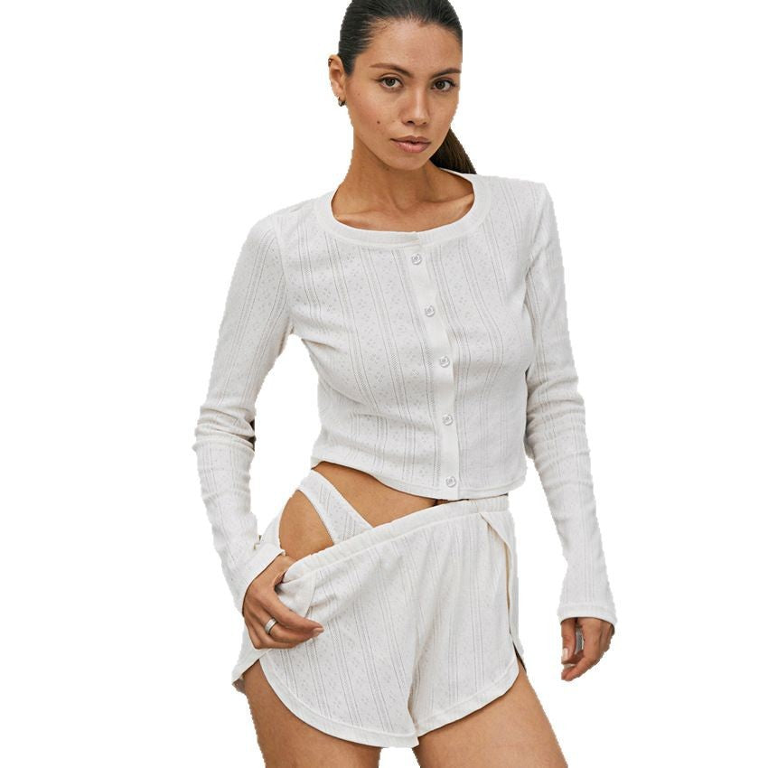 Dame chic sove tøj sæt med kortærmet bluse og elastiske shorts Stilla