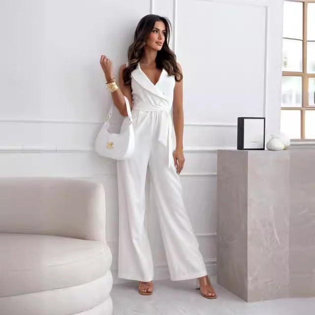 Dame elegant jumpsuit med omslag design og bredt ben Stilla