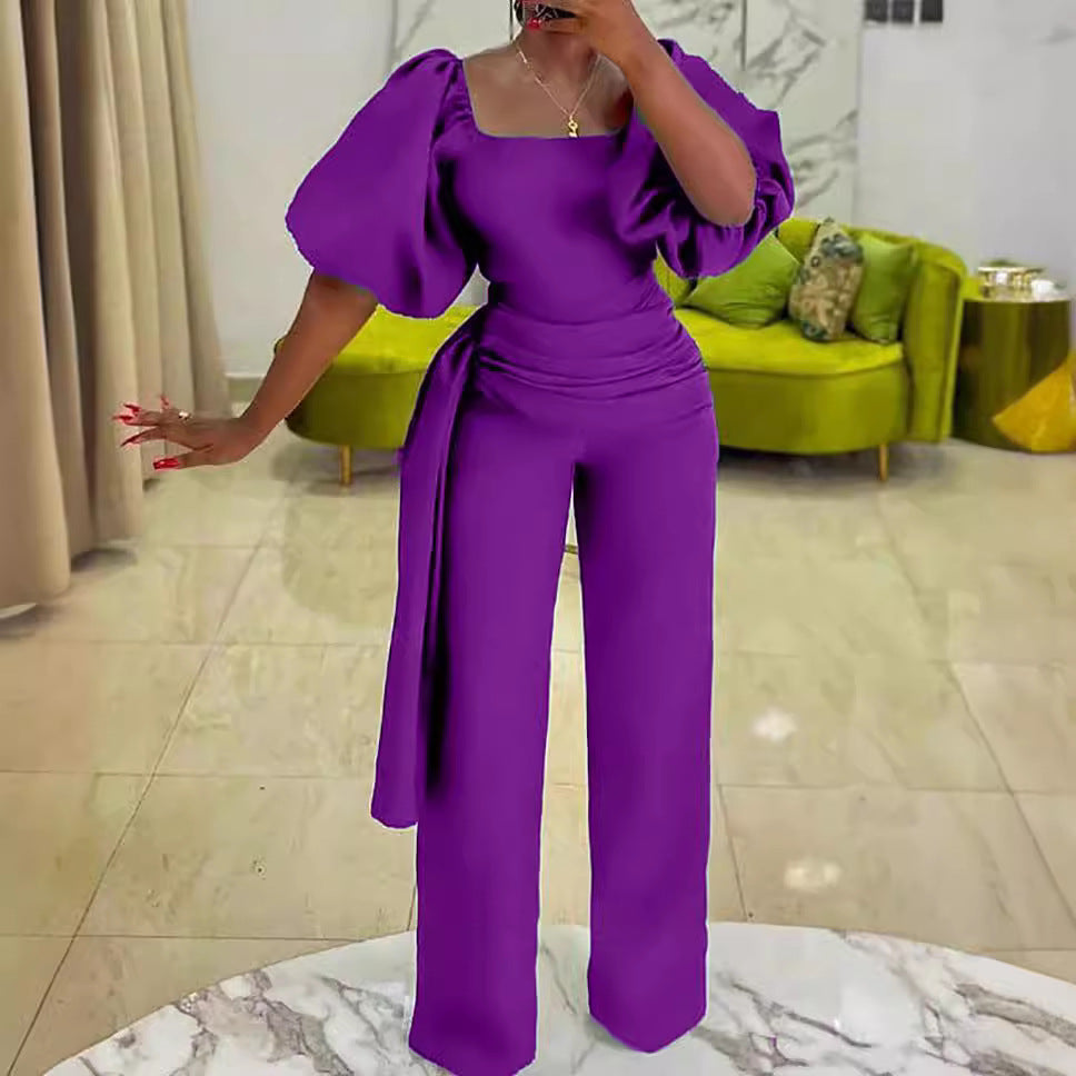Dame Elegant Jumpsuit med voluminøse ærmer og flot taljebælte Stilla