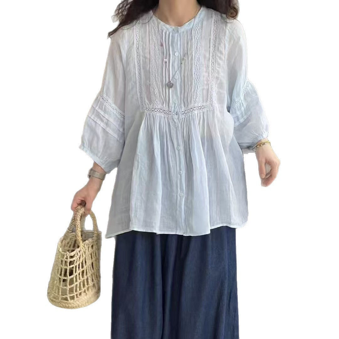 Dame Button-Up Bohemian Bluse med Blonde Stilla