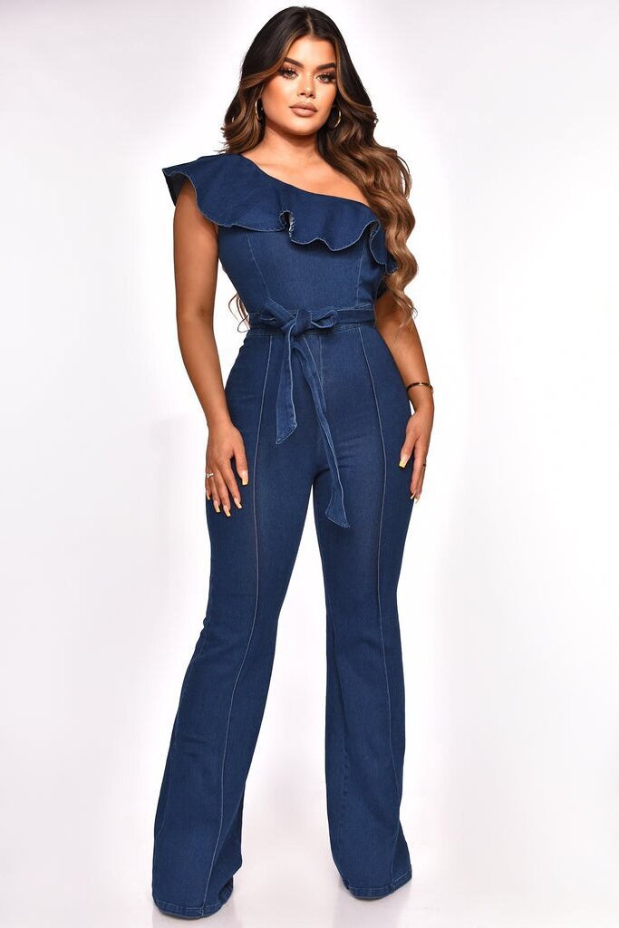 Dame elegant jumpsuit med smart flæsebesætning og bindebælte Stilla