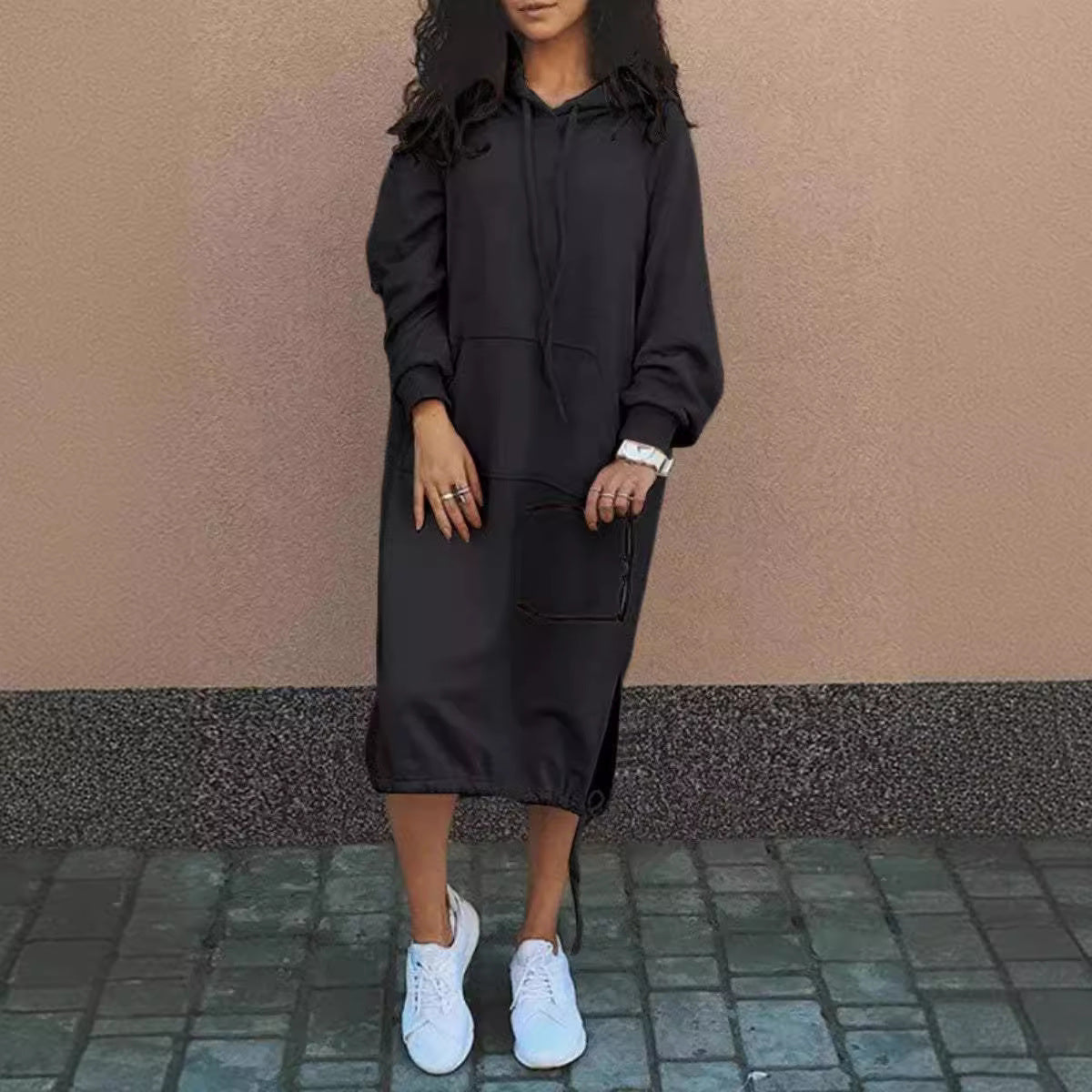 Dame Casual Hoodie Kjole med justerbar snøre-bund Stilla
