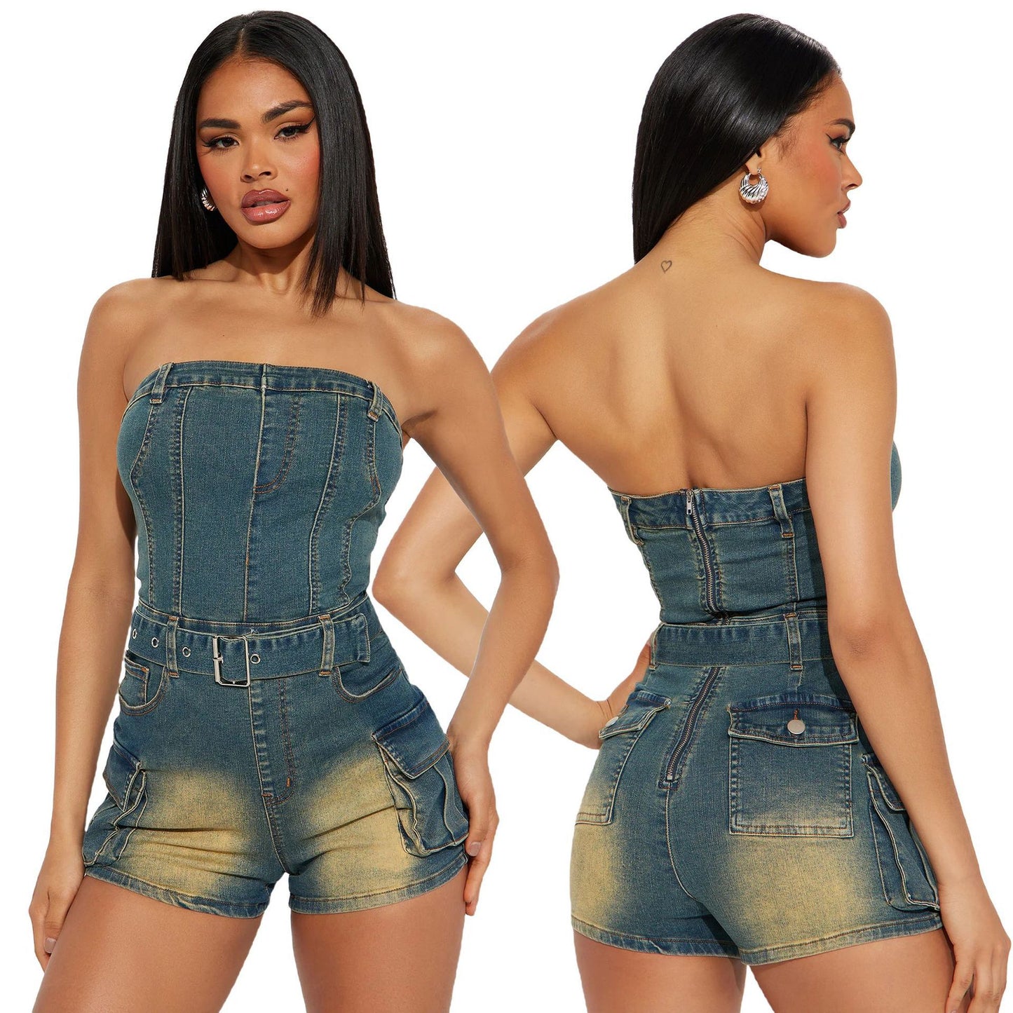 Dame Denim-Overall med båndløs pasform og praktiske lommer Stilla