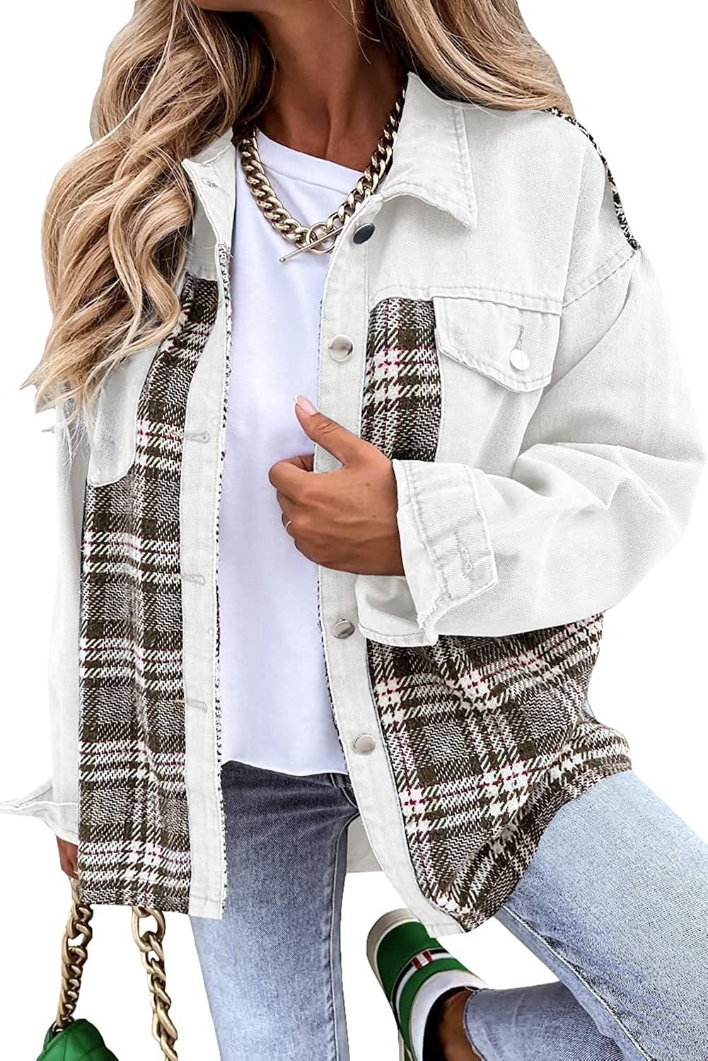 Dame Oversized Jeansjakke med ternet mønster og knapdetaljer Stilla