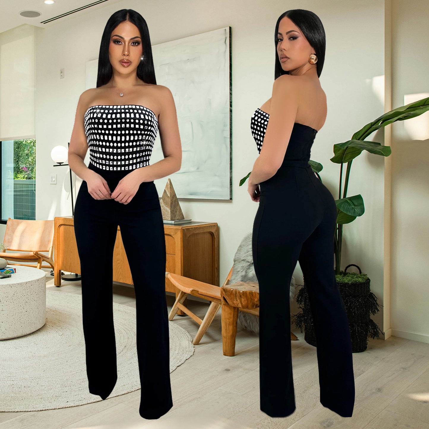 Dame Elegant og tætsiddende Jumpsuit med båndløst design og moderne ternet mønster Stilla