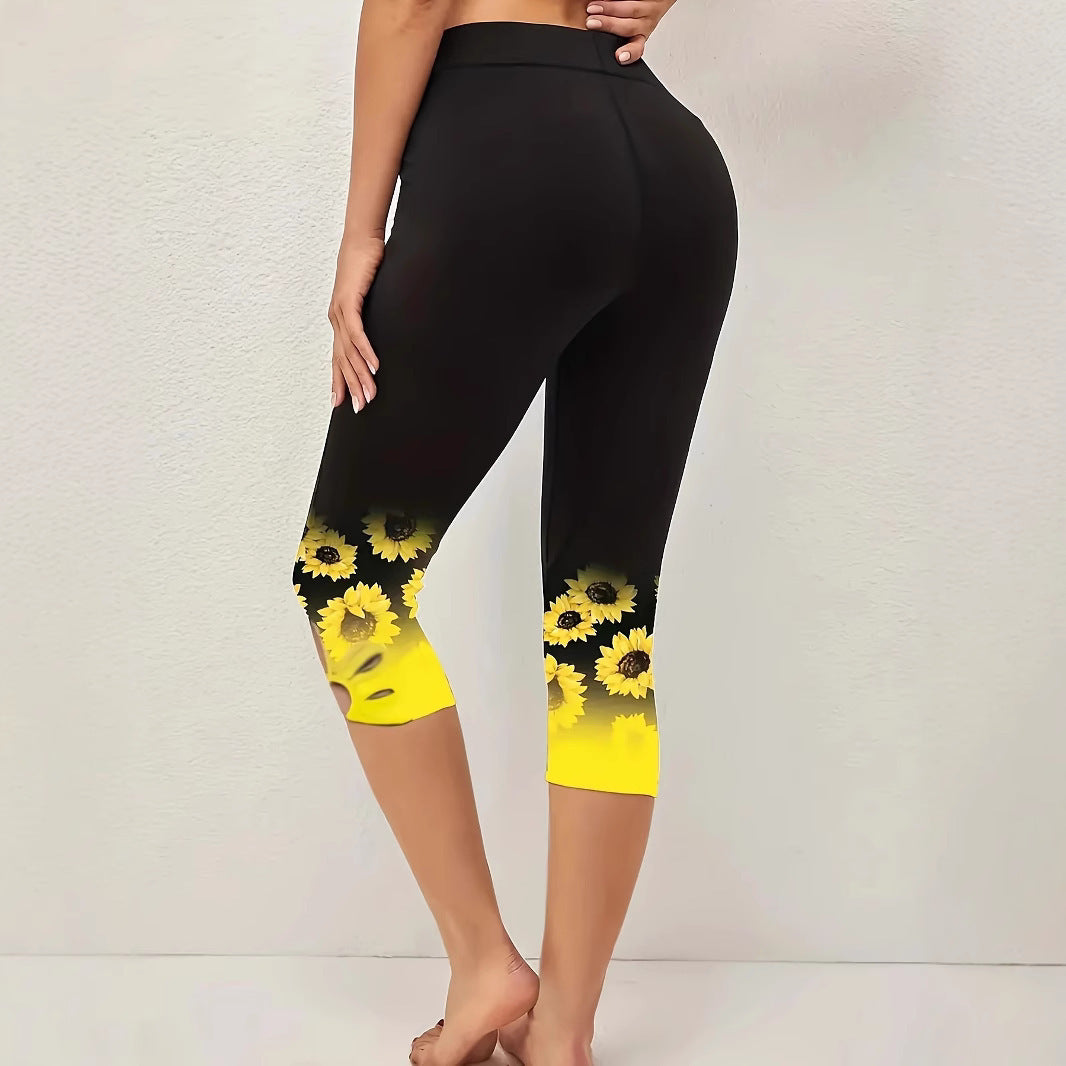 Dame Capri-Leggings med unikt solsikke-design og høj talje Stilla