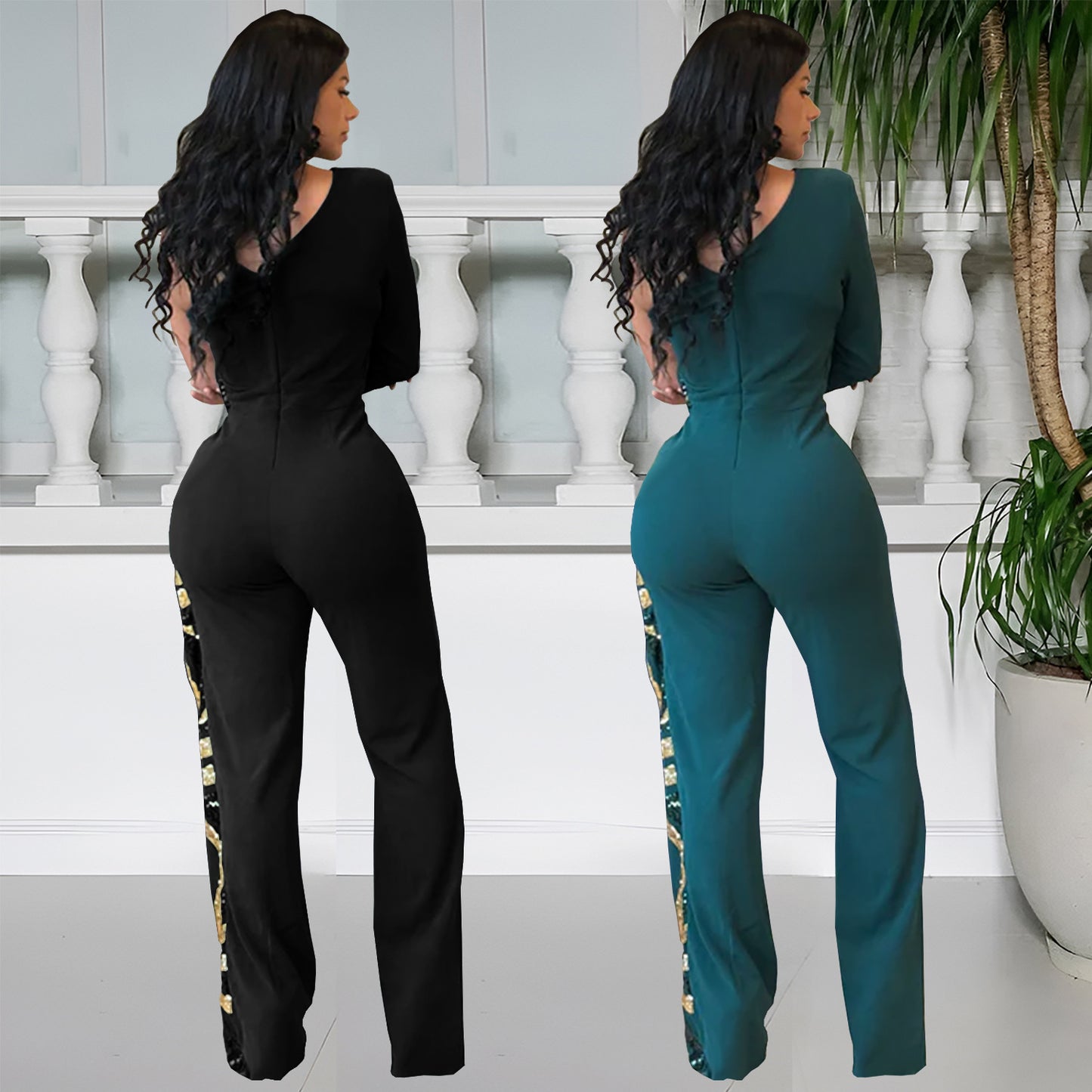 Dame Elegant Jumpsuit med asymmetrisk snit og glitrende applikationer Stilla