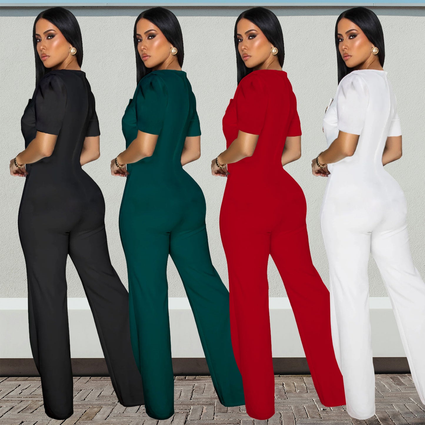 Dame Elegant Jumpsuit med smagfulde knapdetaljer og puffærmer Stilla