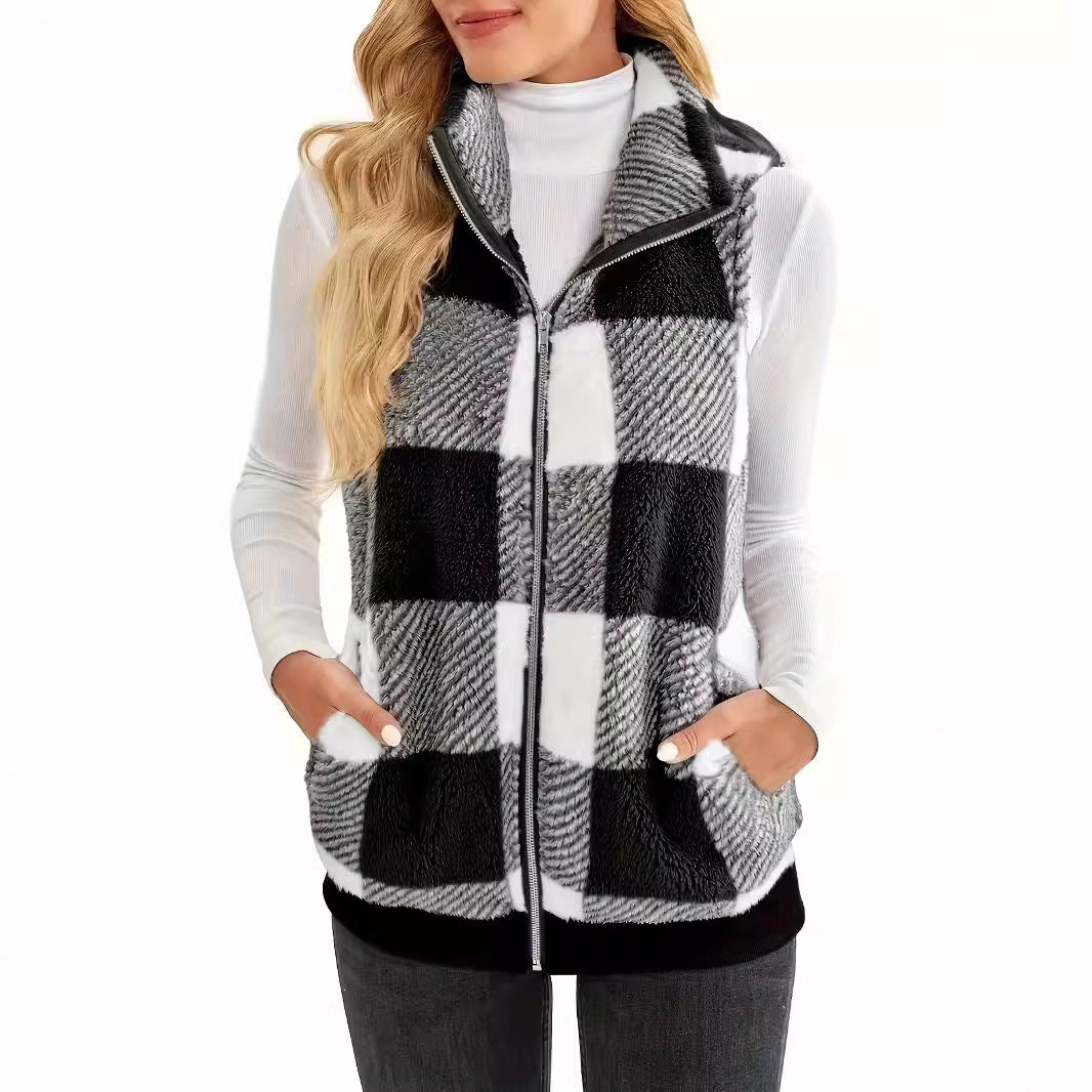 Dame fleece vest med ternet mønster og praktiske lommer Stilla