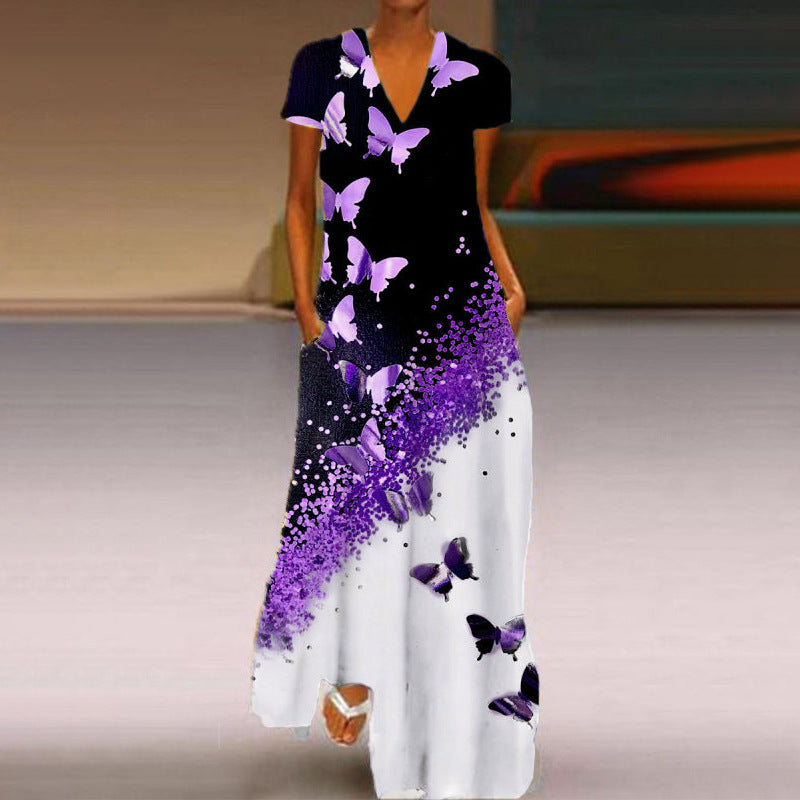 Stilla | Chic Butterfly Print V-hals Korte Ærmer Kjole