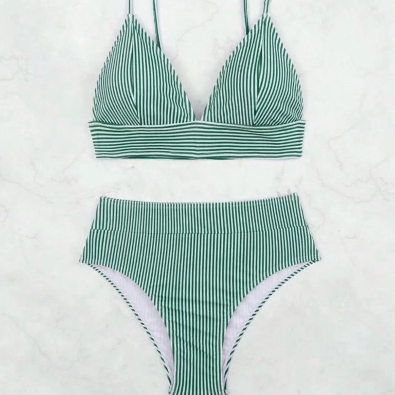 Dame Højtaljet Bikini-Sæt med sportslig pasform og moderne stribe mønster Stilla