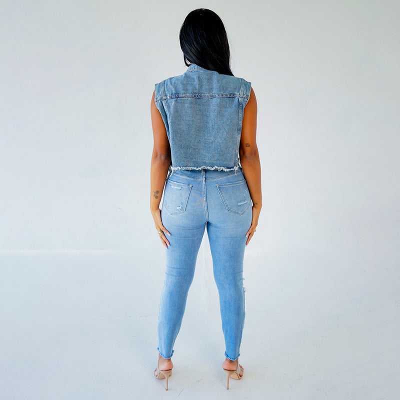 Dame moderigtig Denim-vest med perlebesatte detaljer Stilla