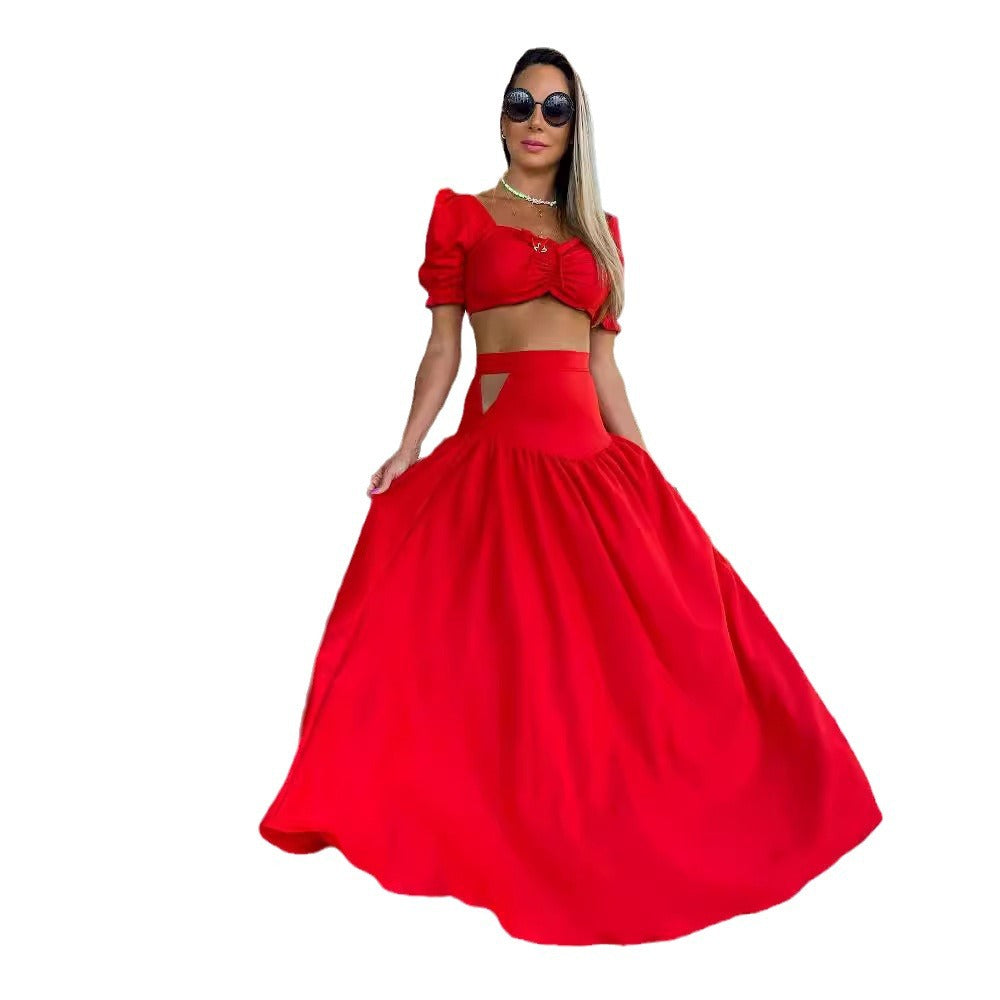 Dame Crop-Top og Maxiskørt Ensemble med Puffærmer og dyb udskæring Stilla