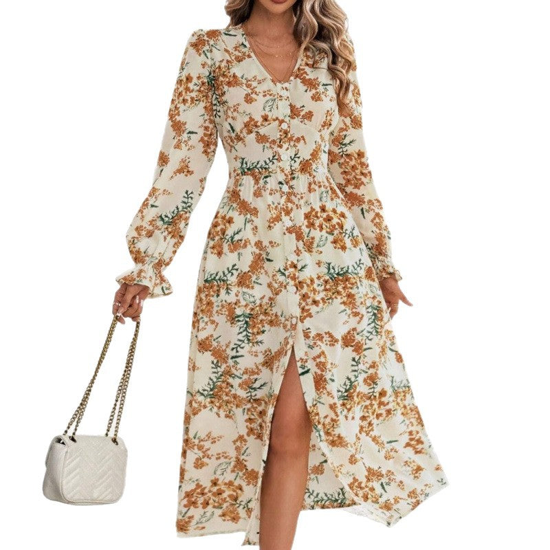 Dame Elegant Floral Tryk Maxi Kjole med Høj Slids Stilla