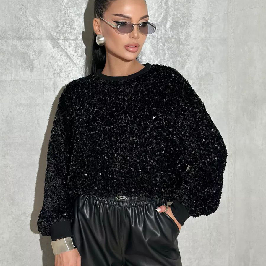Dame Glitrende Pullover med oversized snit og funklende rhinsten Stilla