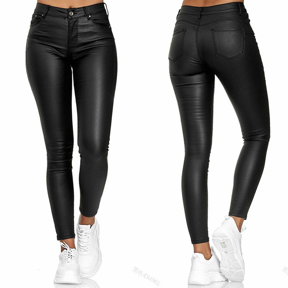 Dame Højdeskåret Skinny Jeans i Læderlook med Lommer Stilla