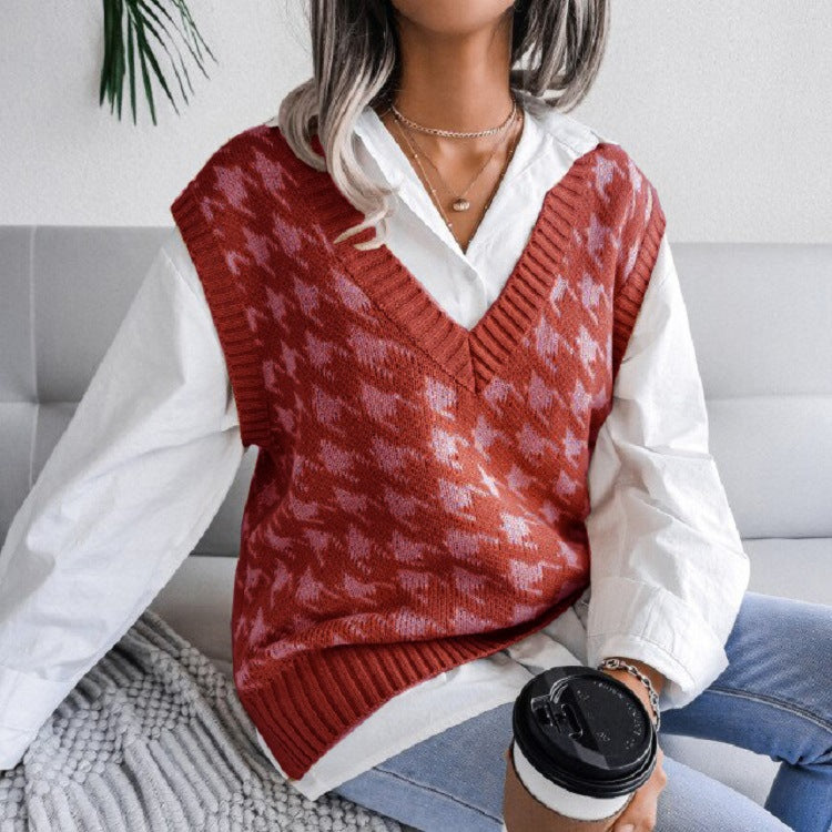 Dame strikvest med moderne houndstooth mønster Stilla