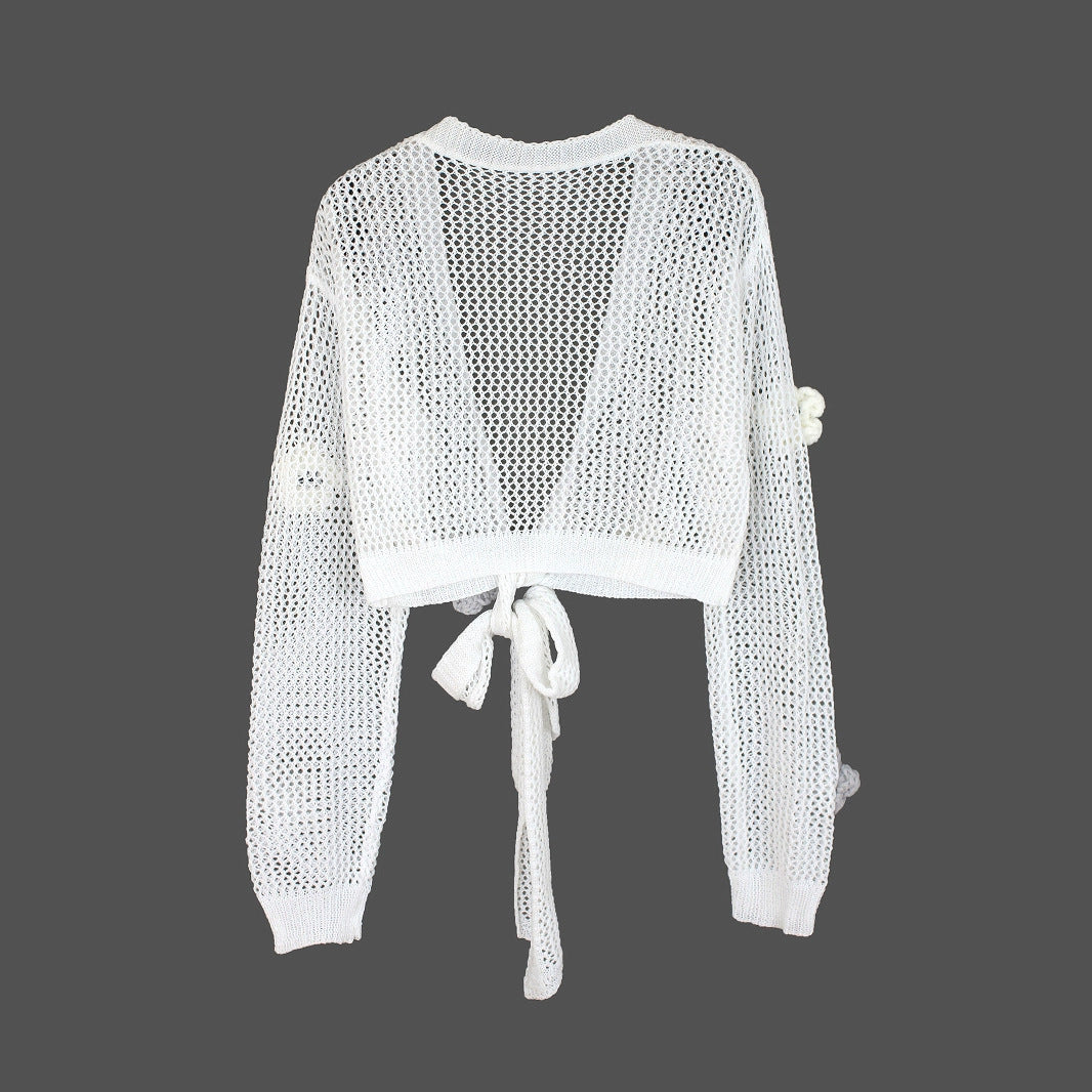 Dame luftig strikcardigan med blomstret design og bundet kant Stilla