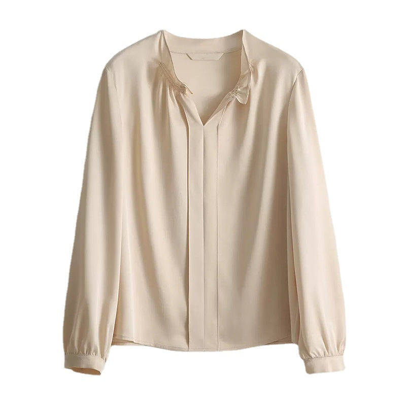 Dame elegant bluse med ståkrave og detaljerede flæsedetaljer Stilla