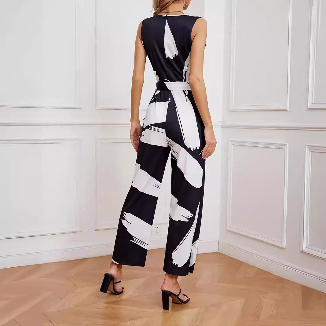 Dame Mode Jumpsuit med bindebælte og smart mønster Stilla