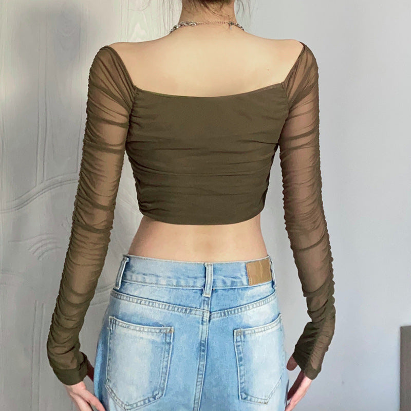 Dame afslappet cropped top med raffinerede flæsedetaljer og transparente ærmeområder Stilla