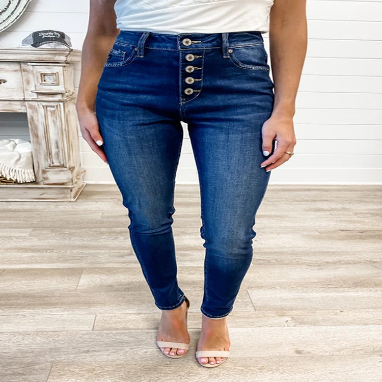 Dame Højtskårne Skinny Jeans med Knapperække og Optimal Komfort Stilla