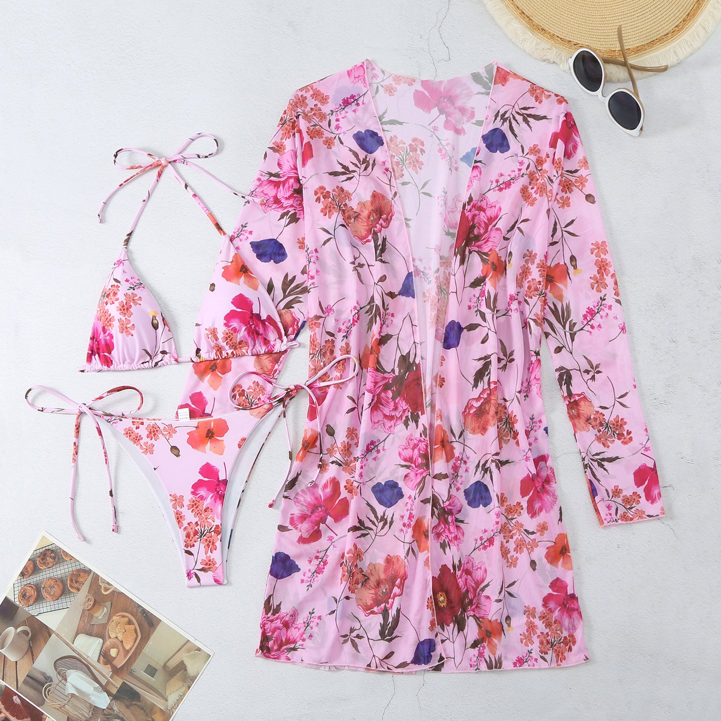 Dame Badetøjssæt med blomster kimono og blomstrende bikini Stilla