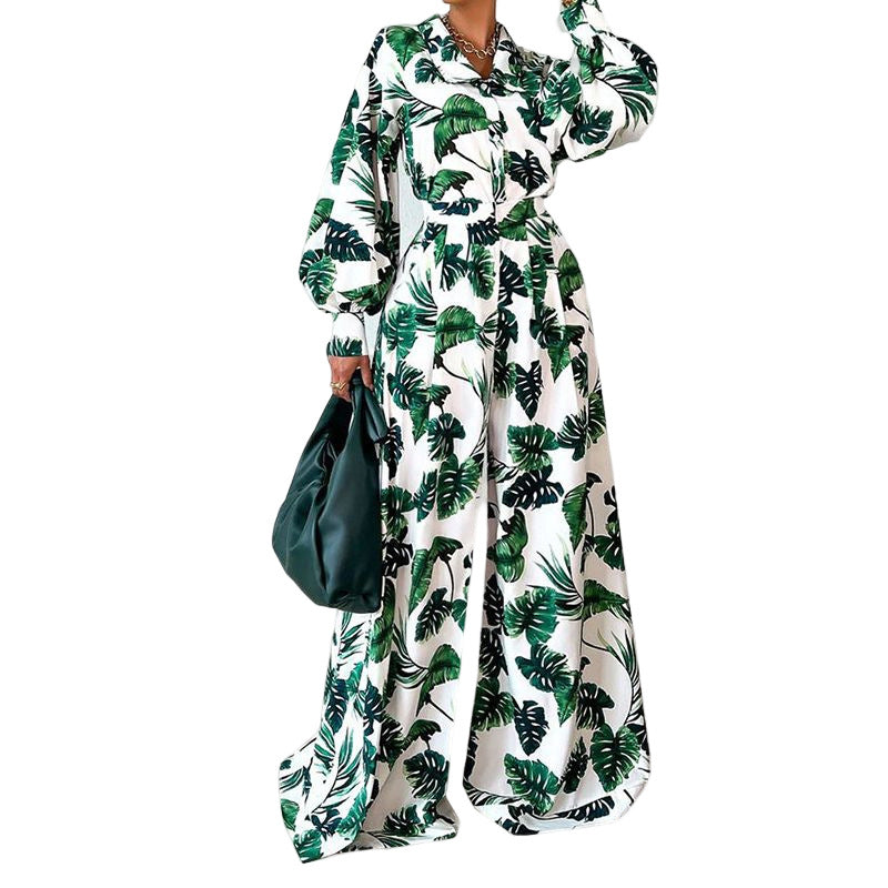 Dame Elegant Jumpsuit med bred ben og blomsterbladmønster Stilla