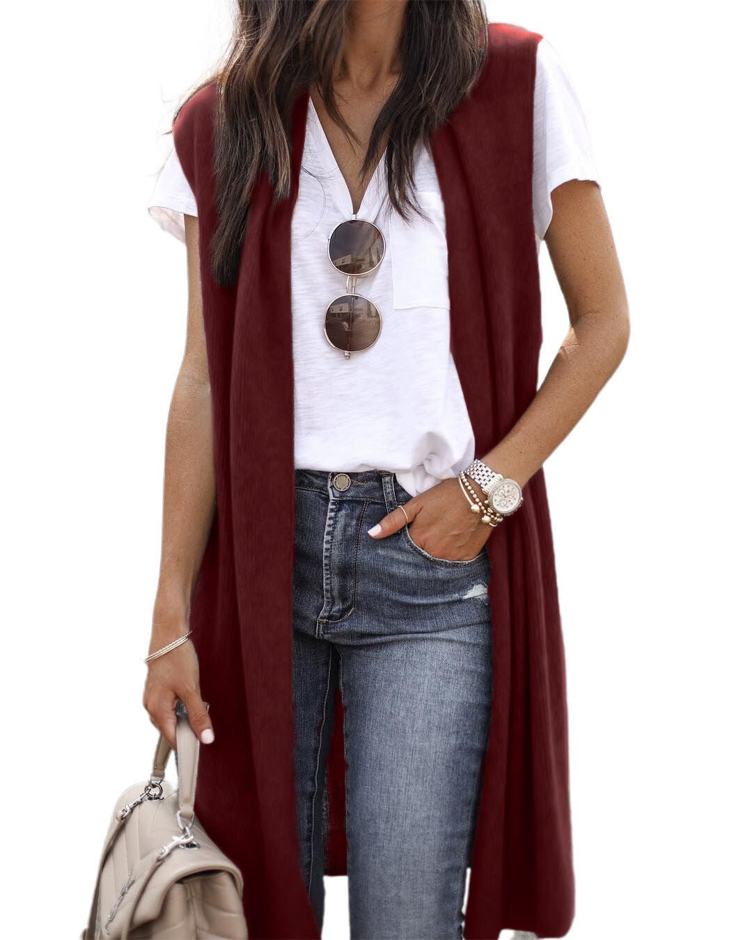 Dame strik vest i casual oversized design med åbne fronter og kort ærmelængde Stilla