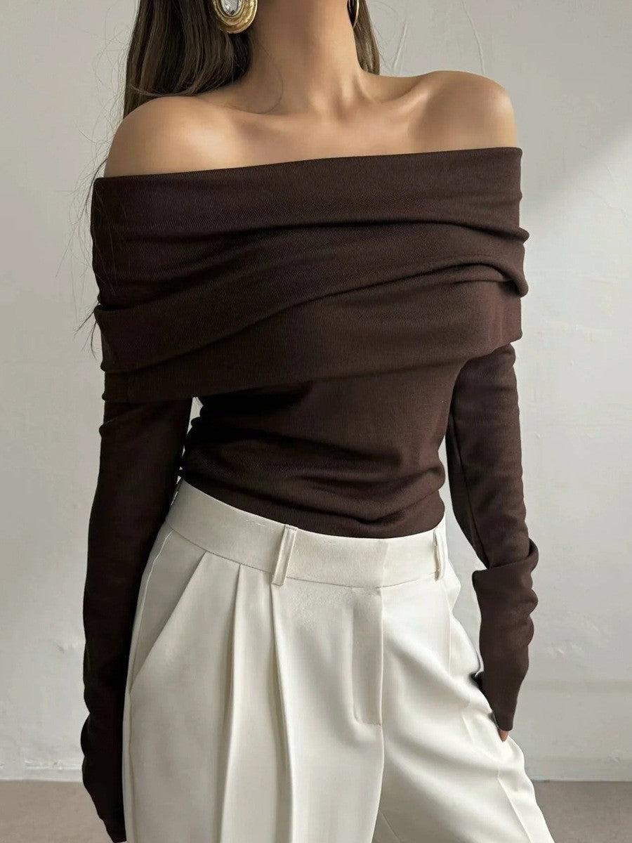 Femme Off-Shoulder Strikpullover og Flare Bukser Sæt Stilla