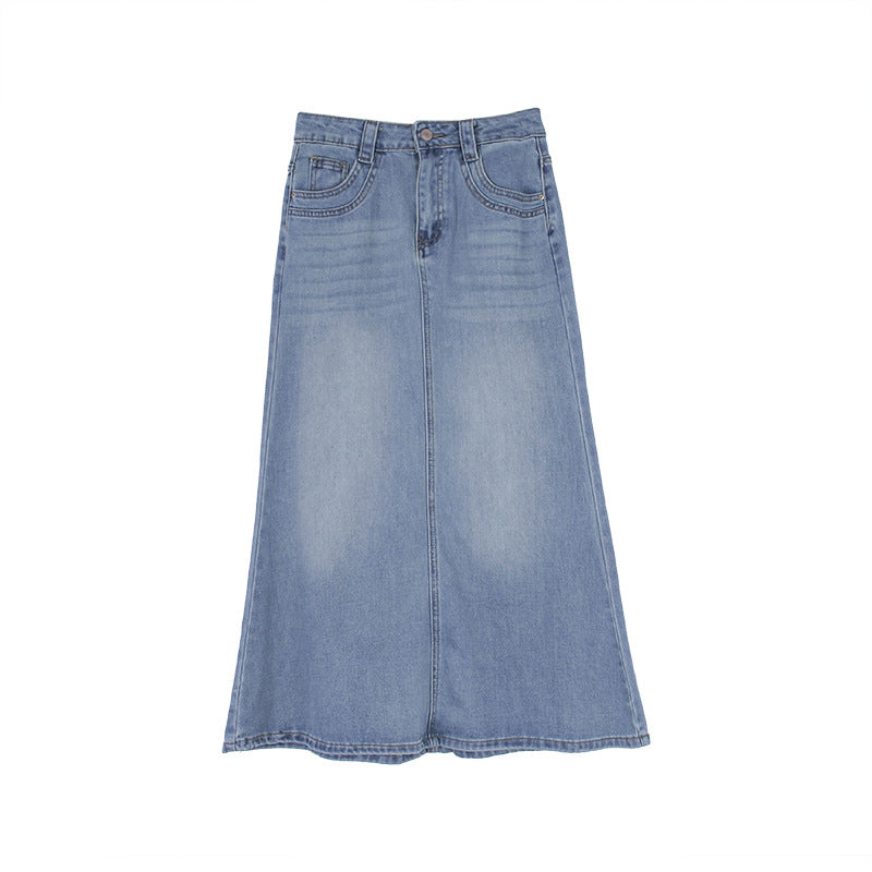 Dame denim midirock med højskåret talje og flydende snit Stilla