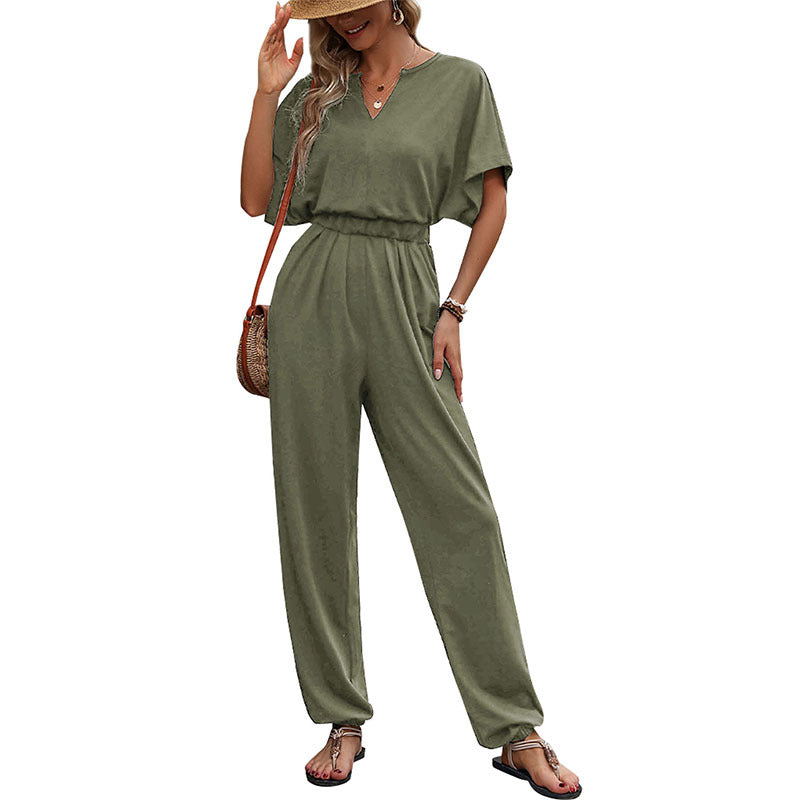 Dame Stilfuld V-Hals Jumpsuit med Elastisk Liv og Vidde Ben Stilla