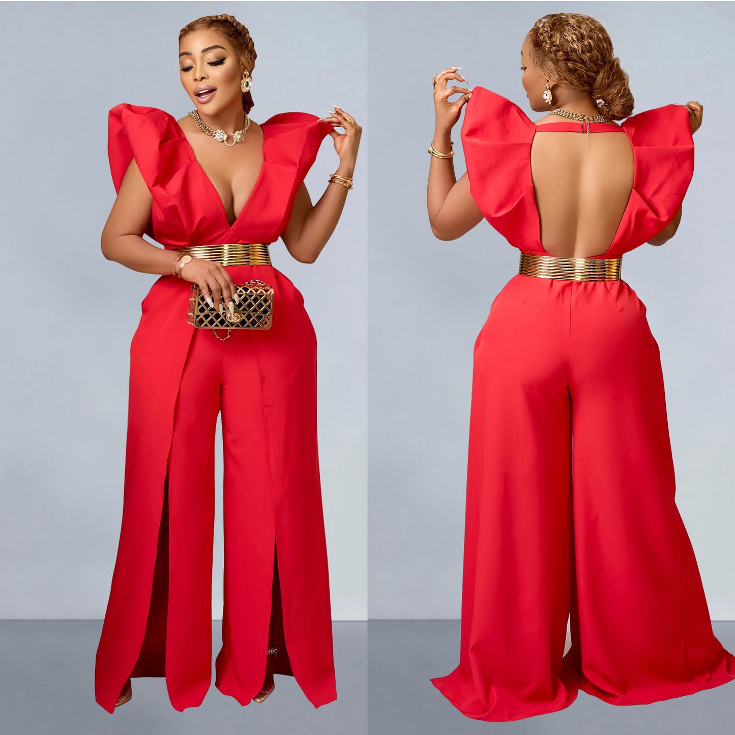 Dame Elegant Jumpsuit med Flæseærmer og dyb Udsnit Stilla
